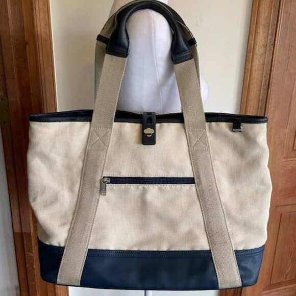 Tumi Handbags - TUMI x ORLEBAR BROWN Beige Canvas Navy Leather Trimmed Tote Bag